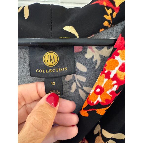 JM Collection Black Floral Blouse 1X Plus V-Neck Long Sleeve Tunic Top - Picture 4 of 4